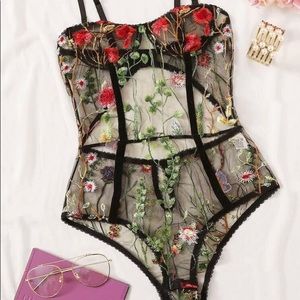 BRAND NEW! Floral Embroidered Sheer Teddy Bodysuit